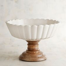 White Ceramic & Wood Elevated Serving Bowl