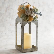 Medium Galvanized Faux Floral Lantern with LED Flameless Candle