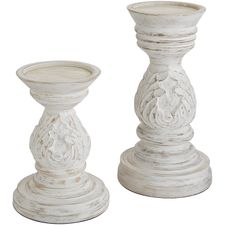 White Carved Mango Wood Pillar Candle Holders