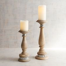 Galvanized Metal & Wood Pillar Candle Holders