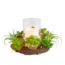 Mixed Faux Succulent Hurricane Candle Holder