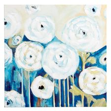 Whimsical White Roses on Blue Canvas Wall Art with Hand Embellishment
