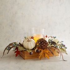 Floral & Pumpkin Hurricane Candle Holder with Wooden Base
