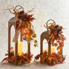 Orange Faux Floral Lantern with LED Flameless Candle