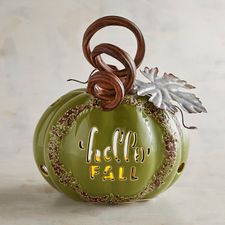 Green Hello Fall Pumpkin Tealight Candle Holder