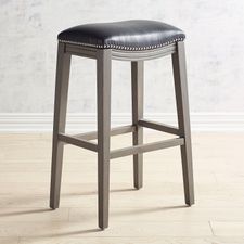 Halsted Black Backless Bar Stool with Stone Gray Wood