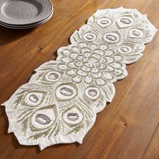 Beaded White Peacock 36" Table Runner 