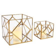 Gold Diamond Box Hurricane Candle Holders