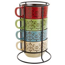 Scroll Cafe au Lait Stacking Mugs Set of 4 with Stand