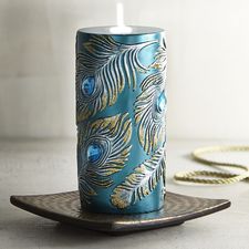Peacock Feather 3x6 Unscented Pillar Candle