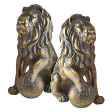 Bronze Lion Statues with Paw on Ball