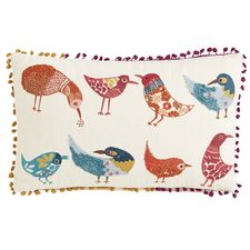 Boho Birds with Poms Lumbar Pillow