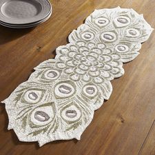 Beaded White Peacock 36" Table Runner 