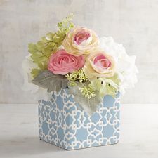 Faux Floral Arrangement in Blue Tile Vase