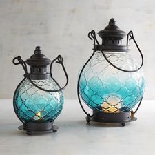 Teal Ombre Medallion Glass Lanterns